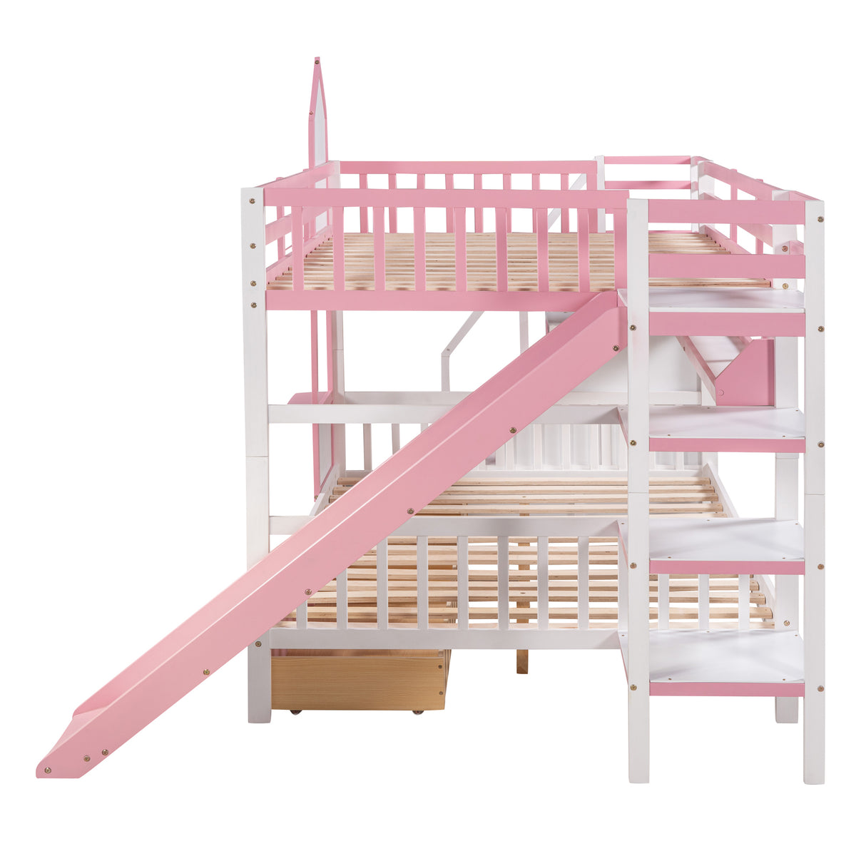 Full-Over-Full Castle Style Bunk Bed with 2 Drawers 3 Shelves and Slide - Pink