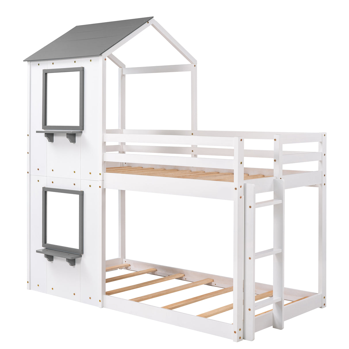 Twin Over Twin Bunk Bed Wood Bed with Roof, Window, Guardrail, Ladder (White)(OLD SKU :LP000056AAK) - Home Elegance USA