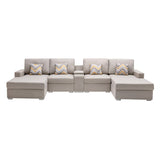 Nolan Beige Linen Fabric 5Pc Double Chaise Sectional Sofa with Interchangeable Legs, a USB, Charging Ports, Cupholders, Storage Console Table and Pillows - Home Elegance USA