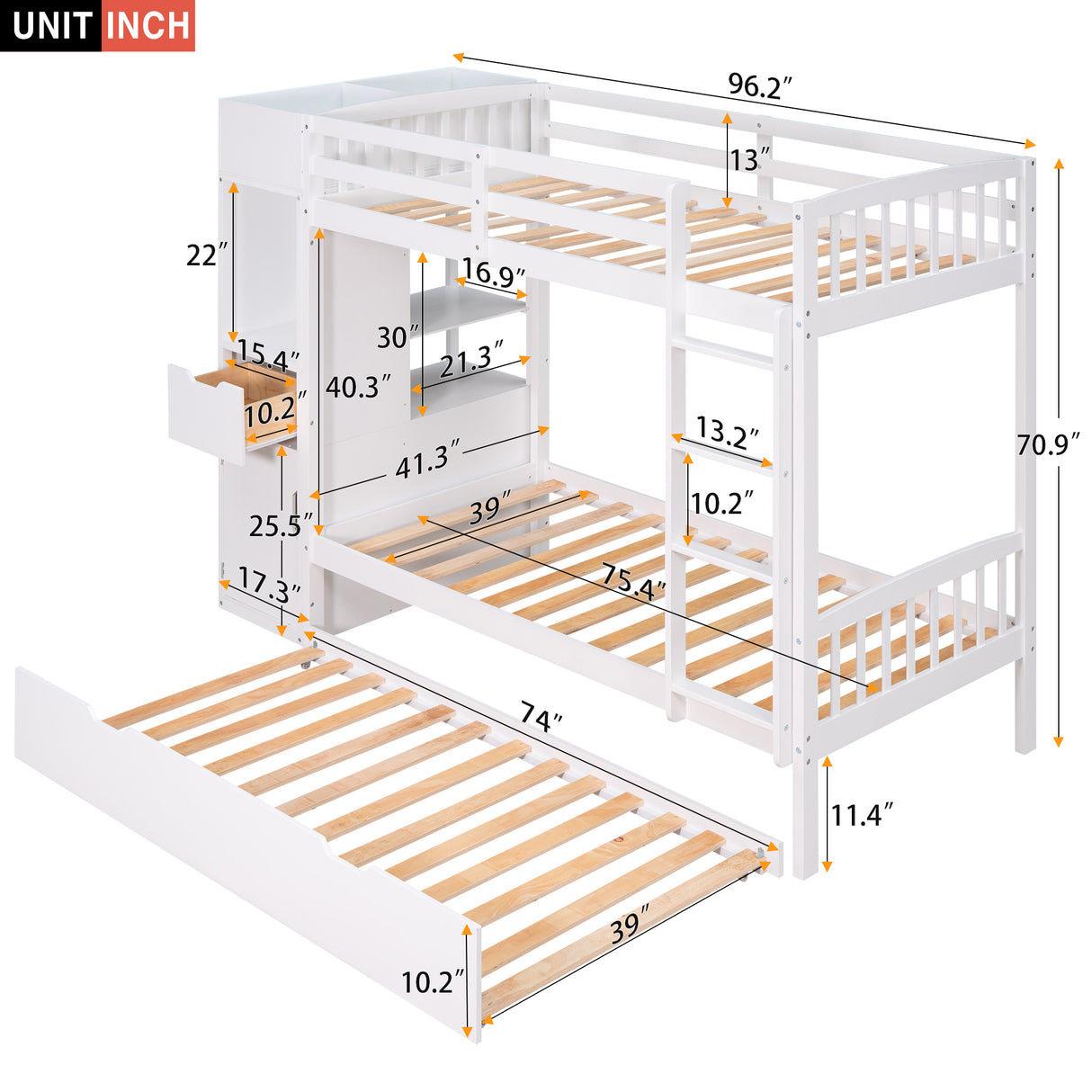 Twin Size Bunk Bed with Trundle and Attached Multifunctional Locker,White - Home Elegance USA