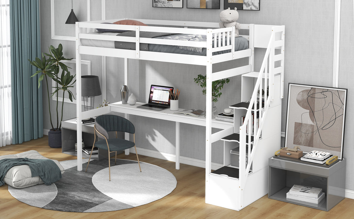 Twin Size Loft Bed with Storage Staircase and Built-in Desk, White (Old SKU:GX000903AAK) - Home Elegance USA