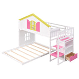 Twin over Full House Bunk Bed with Pink Staircase and Drawer,  Shelves Under the Staircase, House Shaped Bed with Windows, White - Home Elegance USA