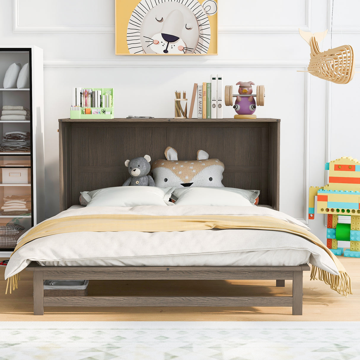 Queen Size Murphy Bed with Built-In Charging Station, Antique Grey(Expected Arrival Time: 8.9) - Home Elegance USA