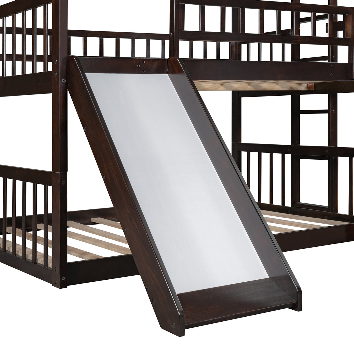 Full-Over-Full-Over-Full Triple Bed with Built-in Ladder and Slide , Triple Bunk Bed with Guardrails, Espresso(OLD SKU :LP000052AAP) - Home Elegance USA