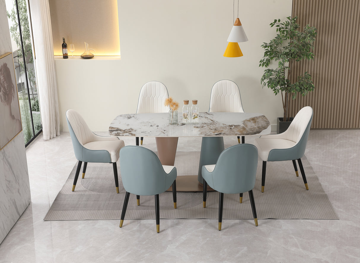 71"  Pandora color sintered stone dining table with cone shape  Pedestal Base in champagne and blue color - Home Elegance USA