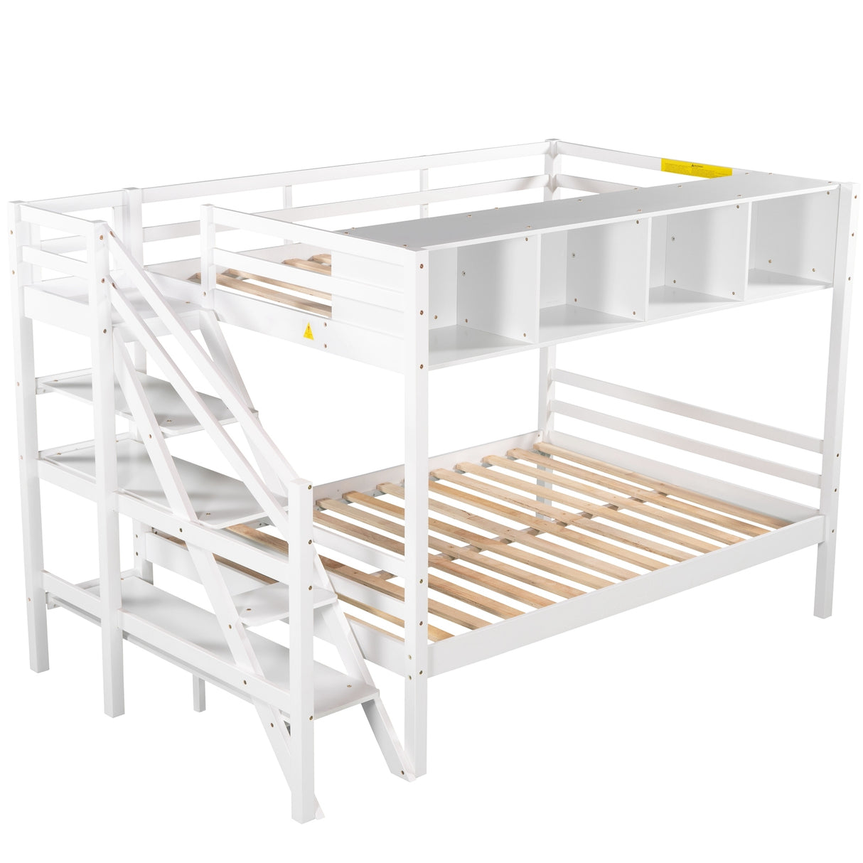 Twin over Full Bunk Bed with Staircase and Built-in Storage Cabinets,White - Home Elegance USA