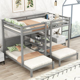 Full XL over Twin&Twin Bunk Bed with Built-in Four Shelves and Ladder,Gray - Home Elegance USA