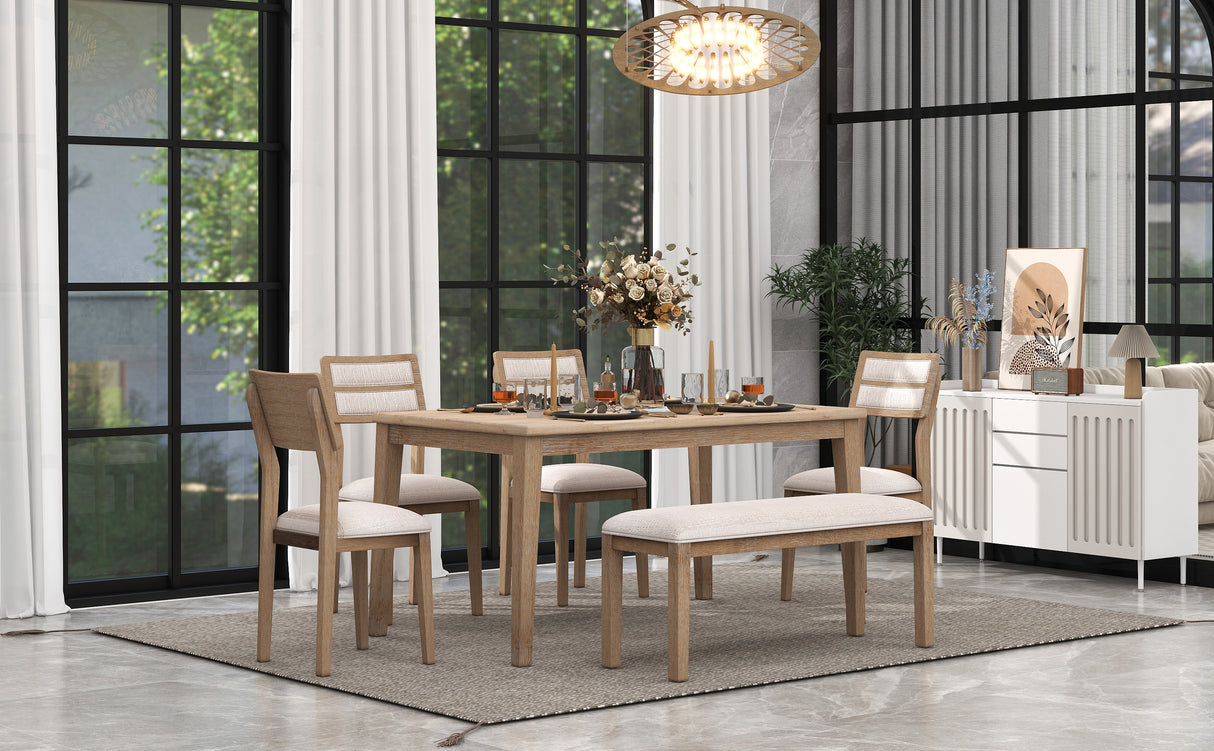 TREXM Classic and Traditional Style 6 - Piece Dining Set, Includes Dining Table, 4 Upholstered Chairs & Bench (Natural Wood Wash) - Home Elegance USA