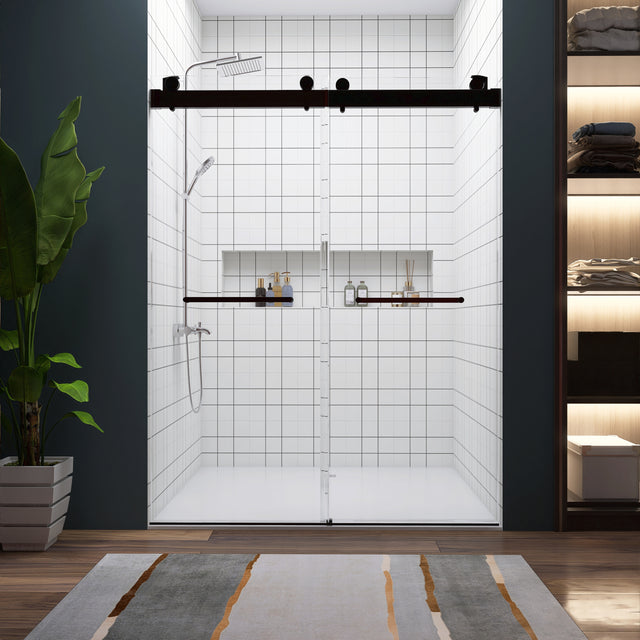 Frameless Double Sliding Shower, 57" - 60" Width, 79" Height, 3/8" (10 mm) Clear Tempered Glass, , Designed for Smooth Door Closing With Upgraded Crashproof System Technology Matte Black Finish