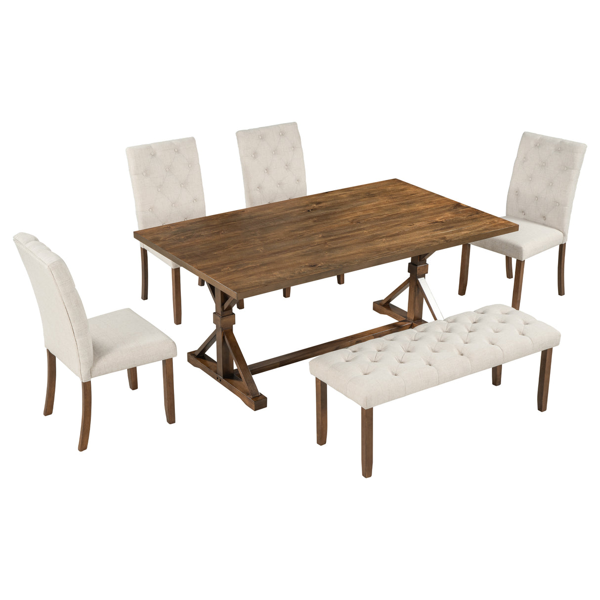 TREXM 6-Piece Farmhouse Dining Table Set 72" Wood Rectangular Table, 4 Upholstered Chairs with Bench (Walnut) - Home Elegance USA