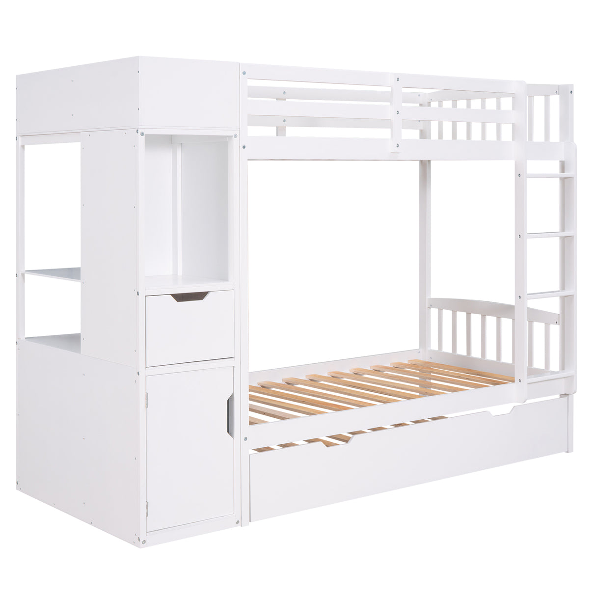 Twin Size Bunk Bed with Trundle and Attached Multifunctional Locker,White - Home Elegance USA