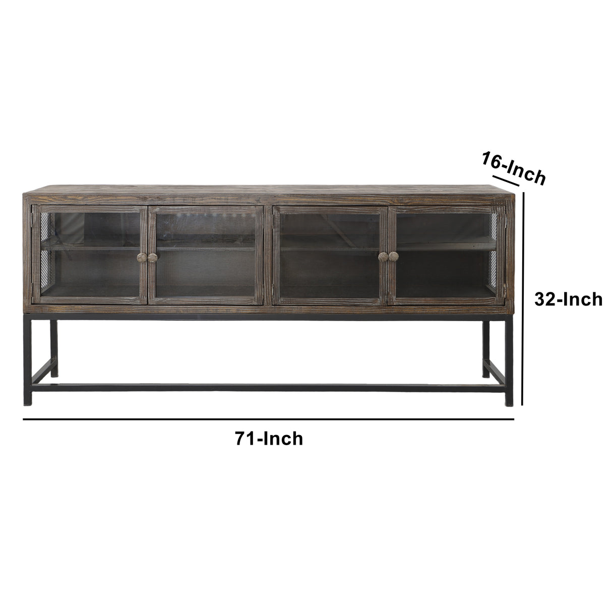 71 Inch Rustic Media Console TV Stand, 4 Glass Panel Doors, Solid Wood, Metal Frame, Brown and Black Home Elegance USA