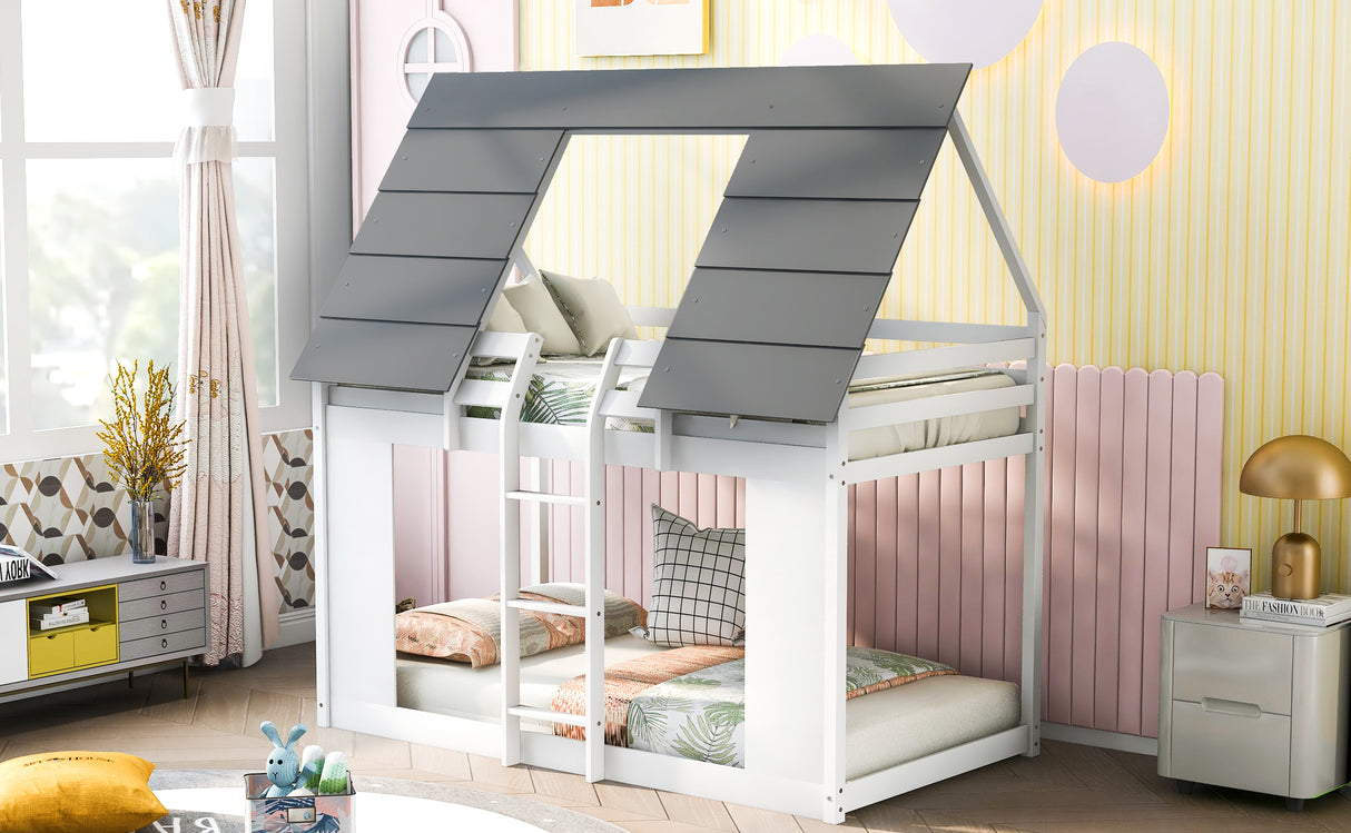 House Bunk Bed with Roof and Built-in Ladder,White(OLD SKU:GX000517AAK) - Home Elegance USA