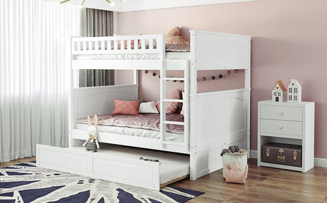 Full Over Full Bunk Bed with Twin Size Trundle, Pine Wood Bunk Bed with Guardrails, White （Old SKU:LP000044AAK）