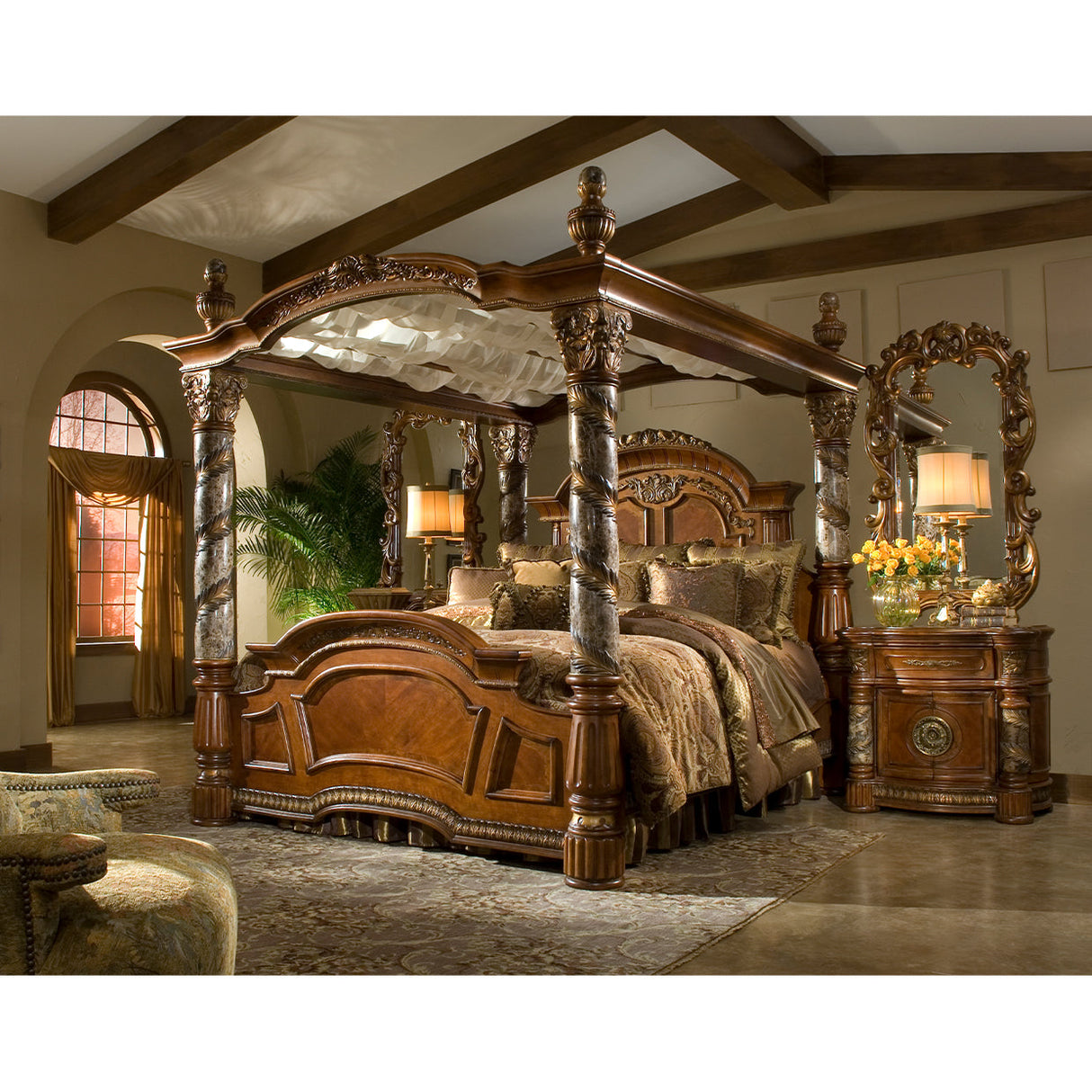 Aico Furniture - Villa Valencia 4 Piece Eastern King Poster Bedroom Set In Chestnut - 72000Ekp-55-4Set