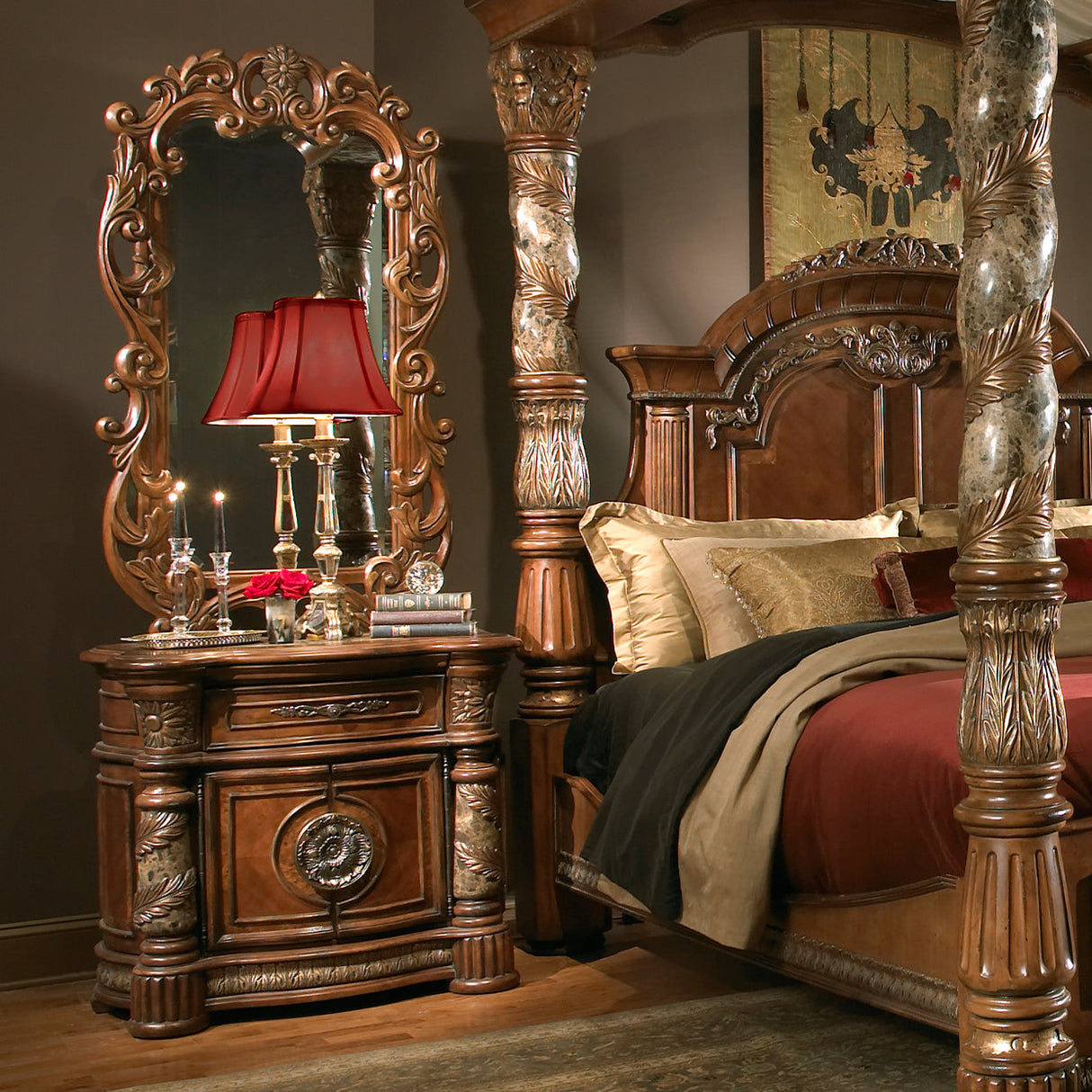 Aico Furniture - Villa Valencia 4 Piece Eastern King Poster Bedroom Set In Chestnut - 72000Ekp-55-4Set