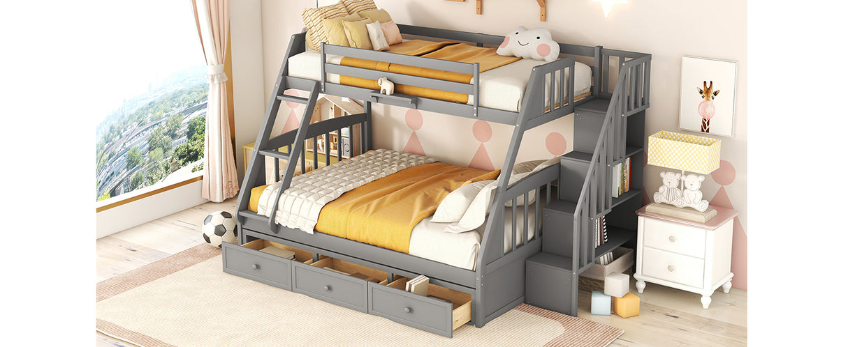 Twin-Over-Full Bunk Bed with Drawers，Ladder and Storage Staircase, Gray - Home Elegance USA