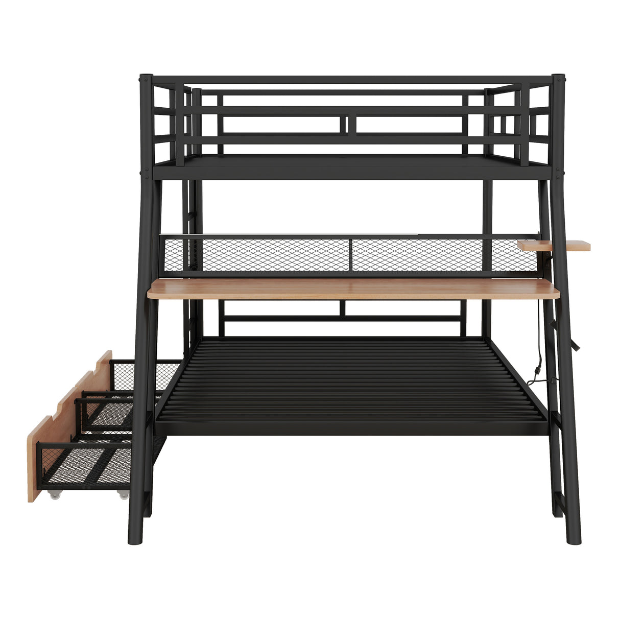 Full Size Metal Bunk Bed with Built-in Desk, Light and 2 Drawers, Black(Expected Arrival Time: 9.18)