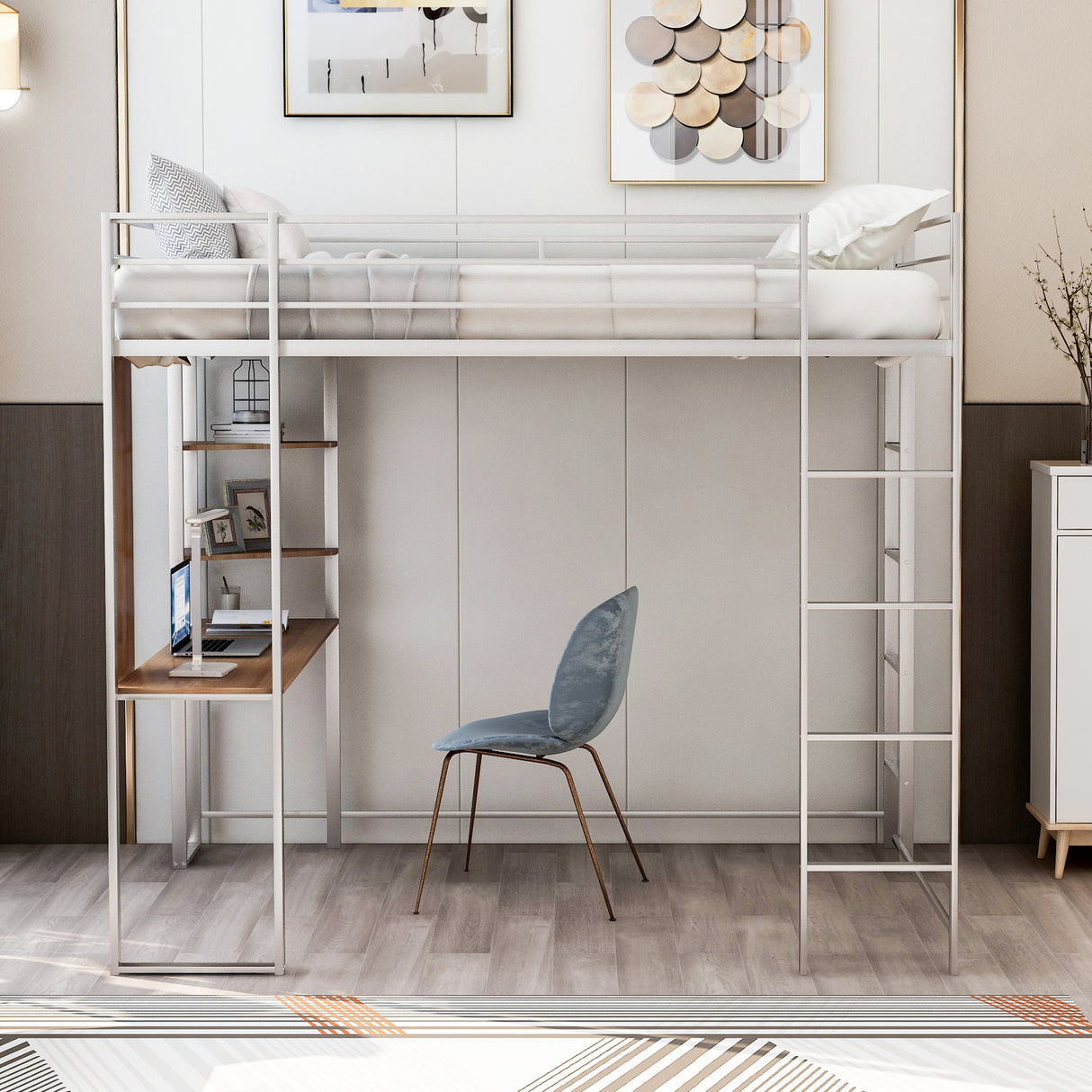 Full Size Metal Loft Bed with 2 Shelves and one Desk ,Silver (Old SKU: LP000091AAN )