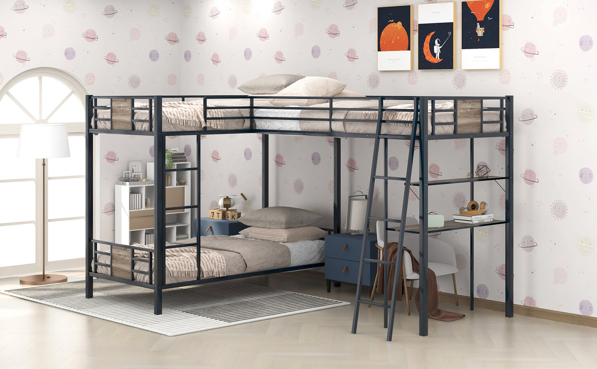 L-Shaped Twin over Twin Bunk Bed with Twin Size Loft Bed with Desk and Shelf ,Brown - Home Elegance USA