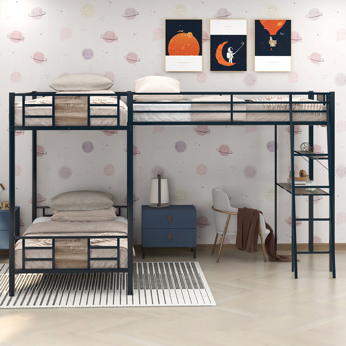 L-Shaped Twin over Twin Bunk Bed with Twin Size Loft Bed with Desk and Shelf ,Brown - Home Elegance USA