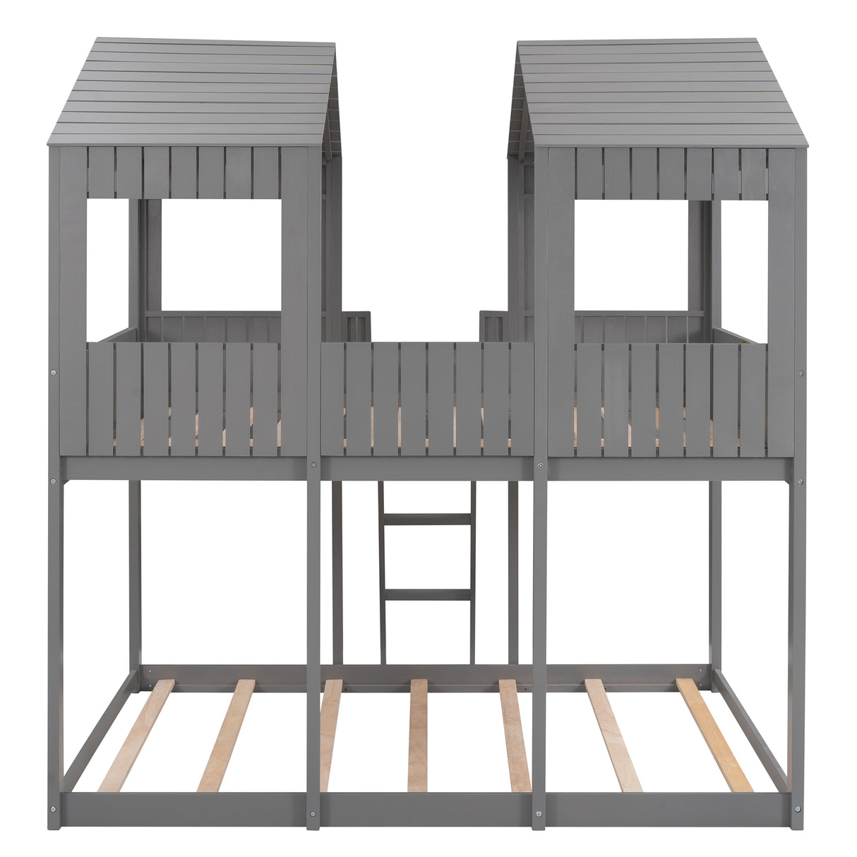 Full Over Full WoodBunk Bed with Roof, Window, Guardrail, Ladder (Gray)( old sku: LP000031AAN ) - Home Elegance USA