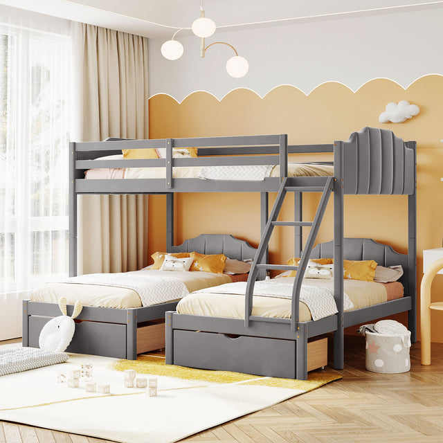 Full Over Twin & Twin Bunk Bed, Velvet Triple Bunk Bed with Drawers and Guardrails, Gray - Home Elegance USA