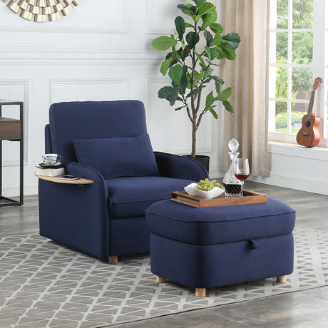 Huckleberry Blue Linen Accent Chair with Storage Ottoman and Folding Side Table - Home Elegance USA