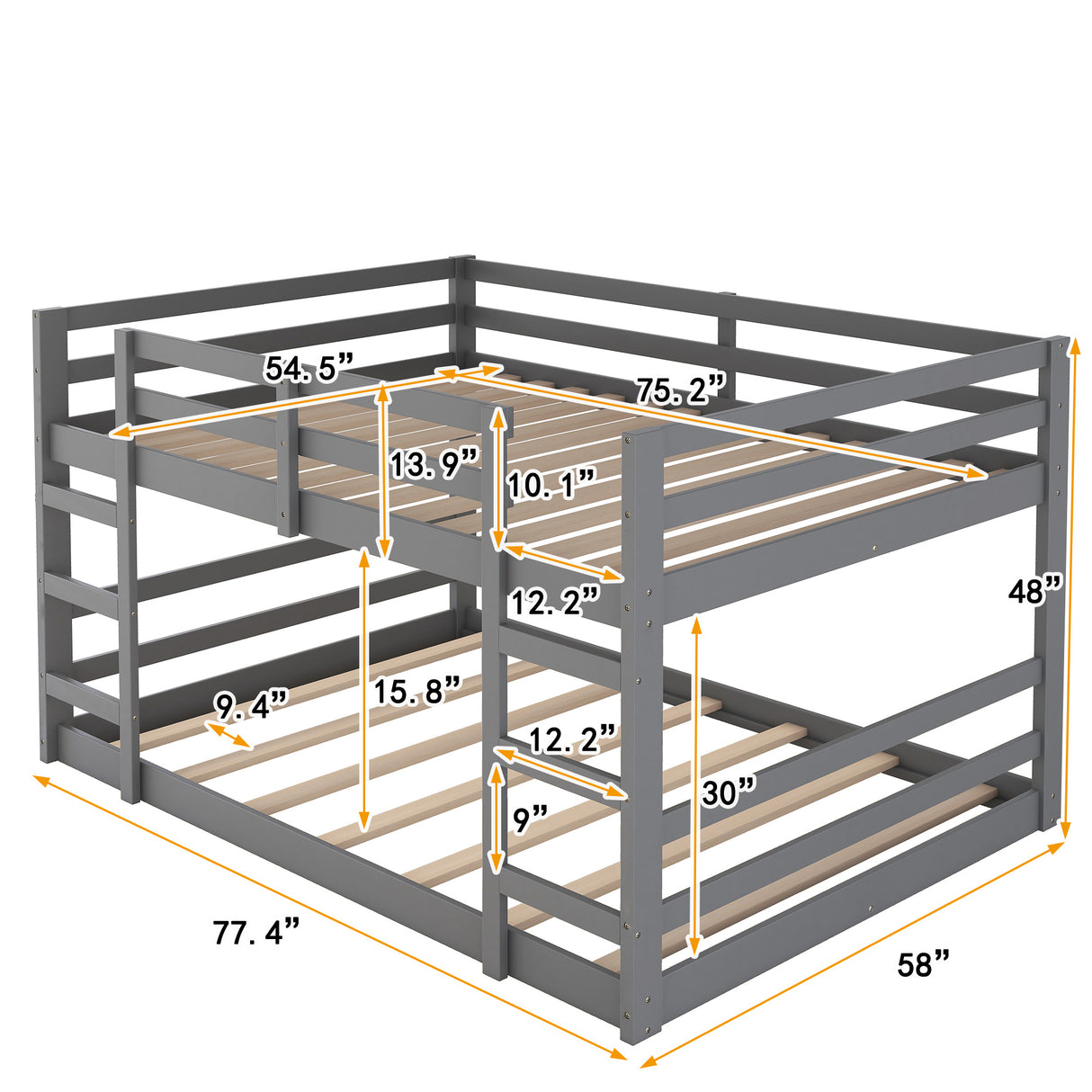 Full Over Full Bunk Bed with Ladder, Gray（OLD SKU：WF282788AAE） - Home Elegance USA