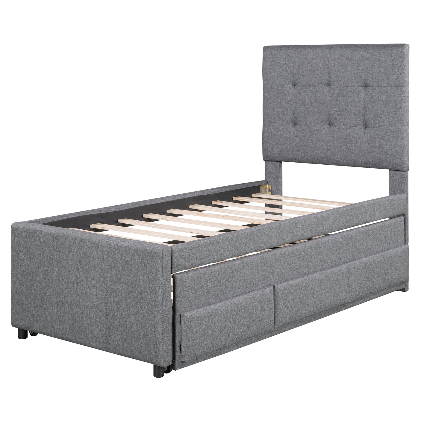 Twin Size Upholstered Platform Bed with Pull-out Twin Size Trundle and 3 Drawers, Gray - Home Elegance USA