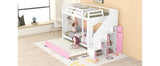 Twin Over Twin Bunk Bed with Trundle ,Stairs,Ladders Solid Wood Bunk bed with Storage Cabinet （White + Pink） - Home Elegance USA