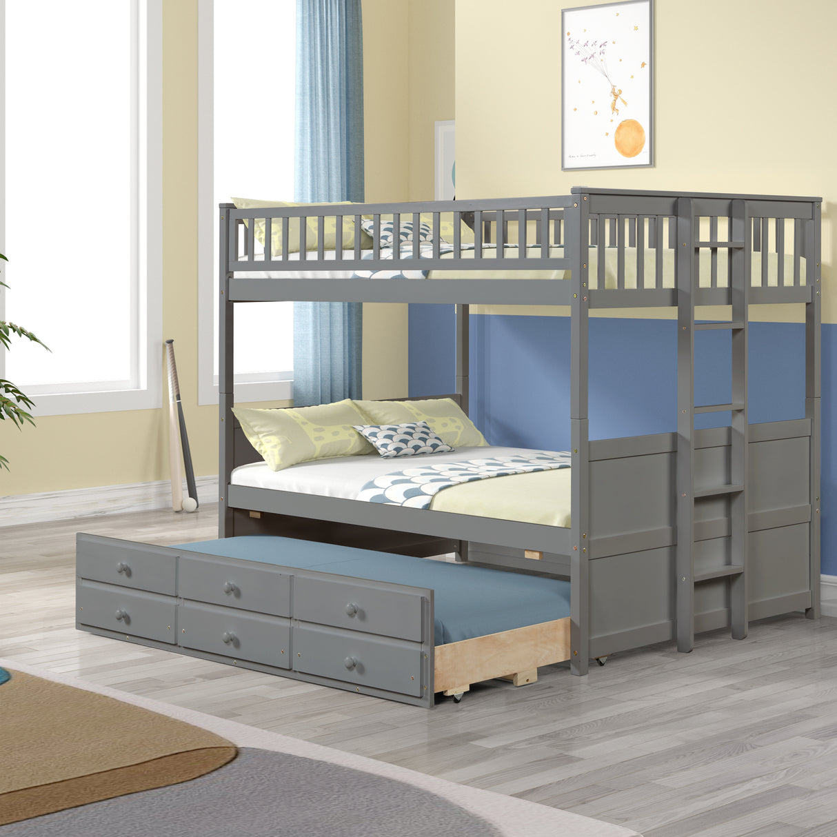 FULL OVER FULL BUNKBED WITH TWIN TRUNDLE AND 3 DRAWERS - Home Elegance USA