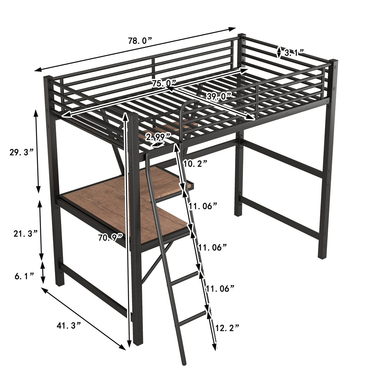 Twin Size Loft Metal&MDF Bed with Desk and Shelf, Black (Old SKU:SM001105AAB-1) - Home Elegance USA