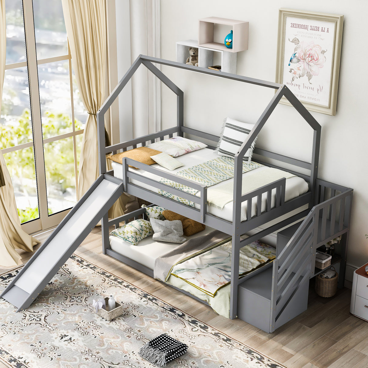 Twin over Twin House Bunk Bed with Convertible Slide,Storage Staircase can be Placed Left or Right,Gray - Home Elegance USA