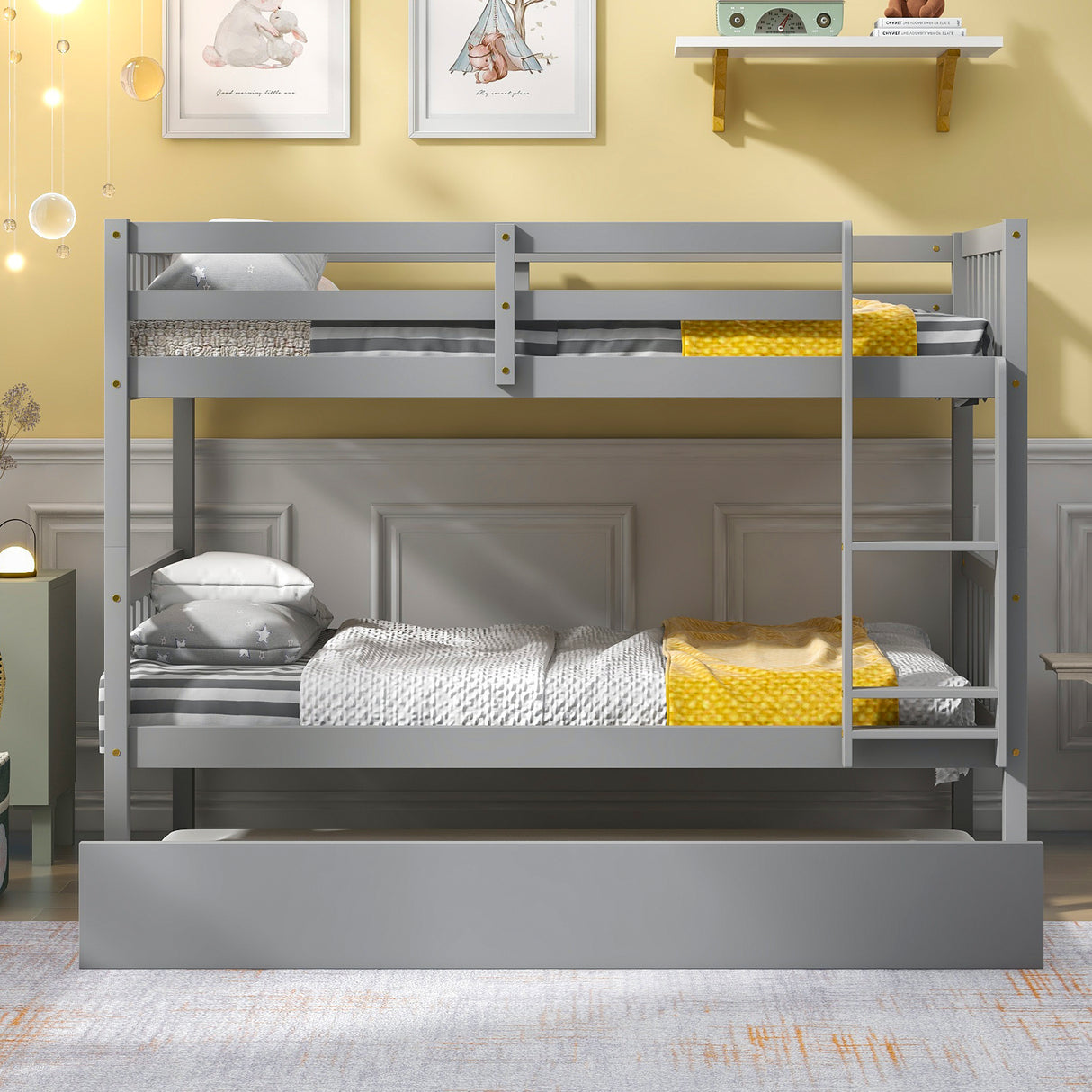 Twin Over Twin Bunk Beds with Trundle, Solid Wood Trundle Bed Frame with Safety Rail and Ladder, Kids/Teens Bedroom, Guest Room Furniture, Can Be converted into 2 Beds,Grey (Old Sku:W504S00027) - Home Elegance USA