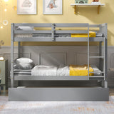 Twin Over Twin Bunk Beds with Trundle, Solid Wood Trundle Bed Frame with Safety Rail and Ladder, Kids/Teens Bedroom, Guest Room Furniture, Can Be converted into 2 Beds,Grey (Old Sku:W504S00027) - Home Elegance USA