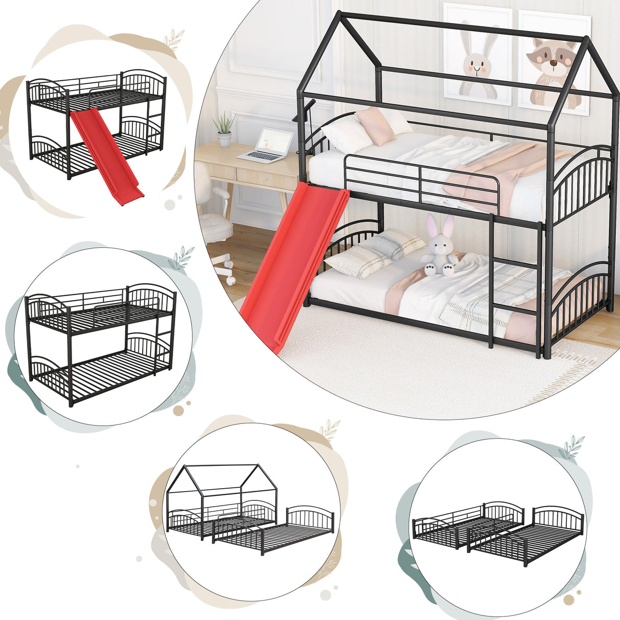 Twin Over Twin Metal Bunk Bed With Slide,Kids House Bed Black+Red - Home Elegance USA