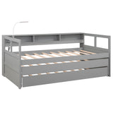 Twin XL Wood Daybed with 2 Trundles, 3 Storage Cubbies, 1 Light for Free and USB Charging Design, Gray - Home Elegance USA