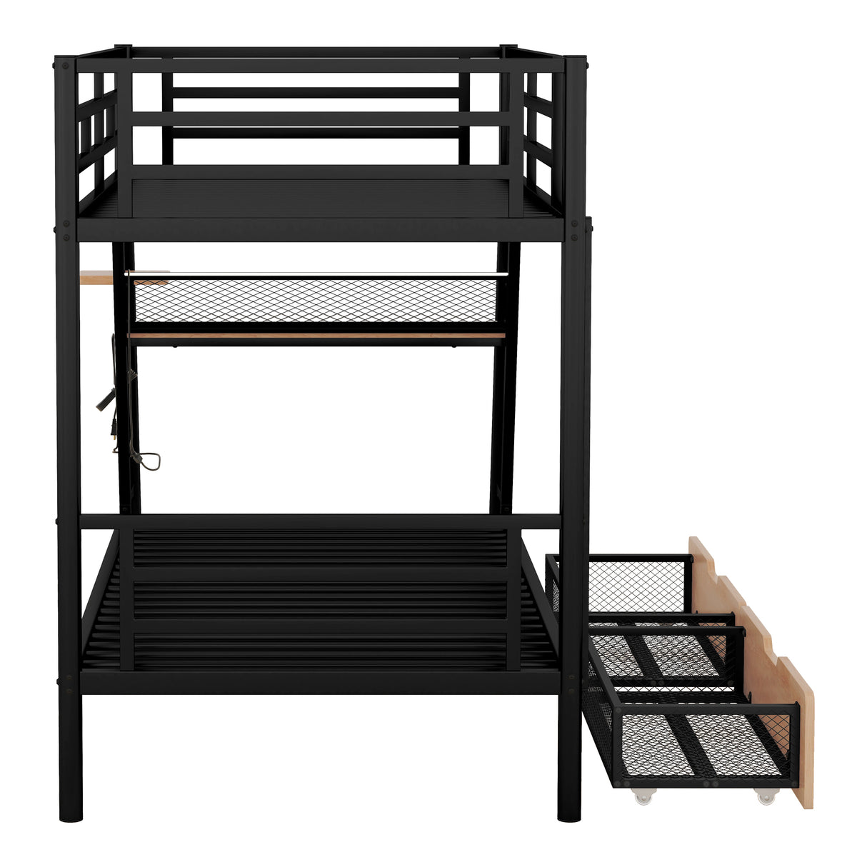 Twin Size Metal Bunk Bed with Built-in Desk, Light and 2 Drawers, Black(Expected Arrival Time: 9.18)