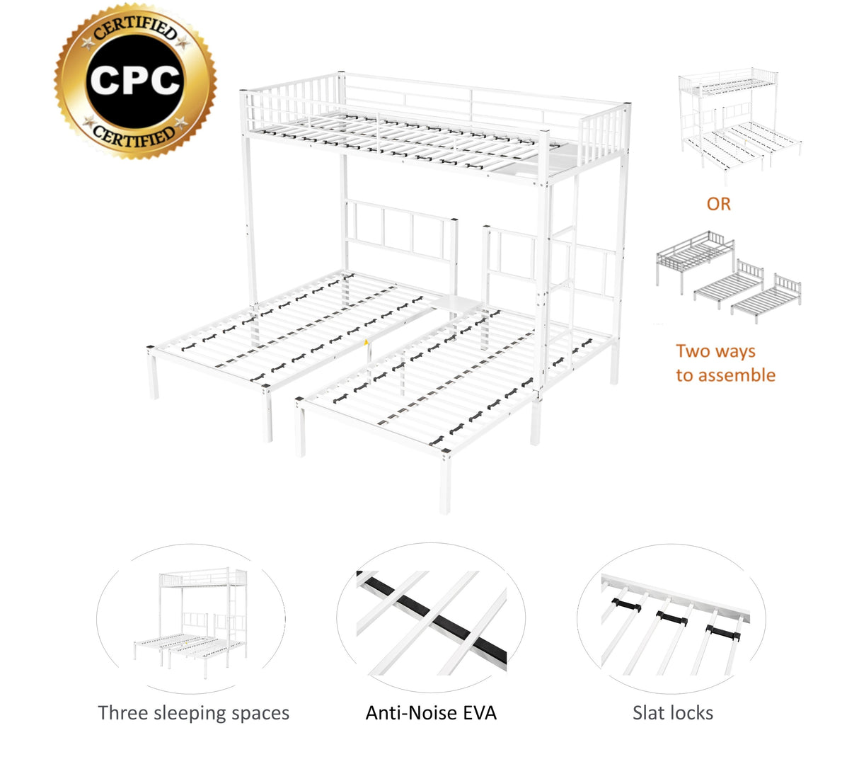 Triple twin bunk bed, can be separated into 3 twin beds - Home Elegance USA