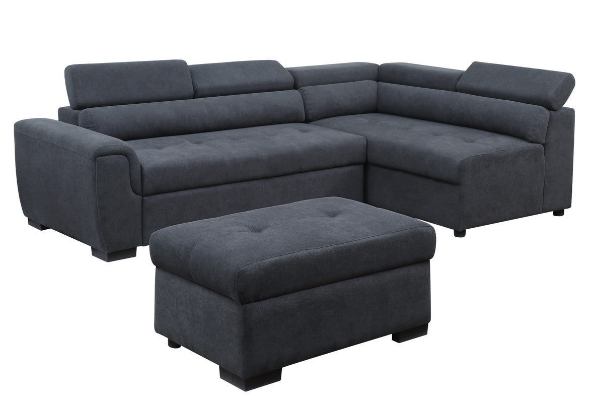 Haris Dark Gray Fabric Sleeper Sofa Sectional with Adjustable Headrest and Storage Ottoman - Home Elegance USA