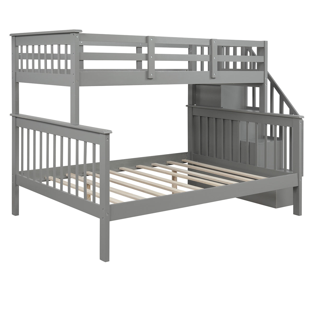 Stairway Twin-Over-Full Bunk Bed with Storage and Guard Rail for Bedroom, Dorm, fo Adults, Gray color - Home Elegance USA