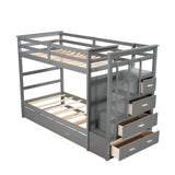 Solid Wood Bunk Bed, Hardwood Twin Over Twin Bunk Bed with Trundle and Staircase, Natural Gray Finish(Old SKU: LP000068AAE) - Home Elegance USA