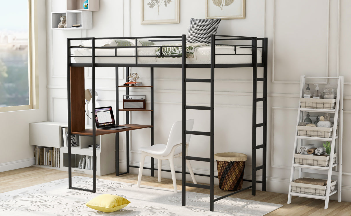 Twin Metal Loft Bed with 2 Shelves and one Desk ,BLACK(Old SKU: MF281206AAB)