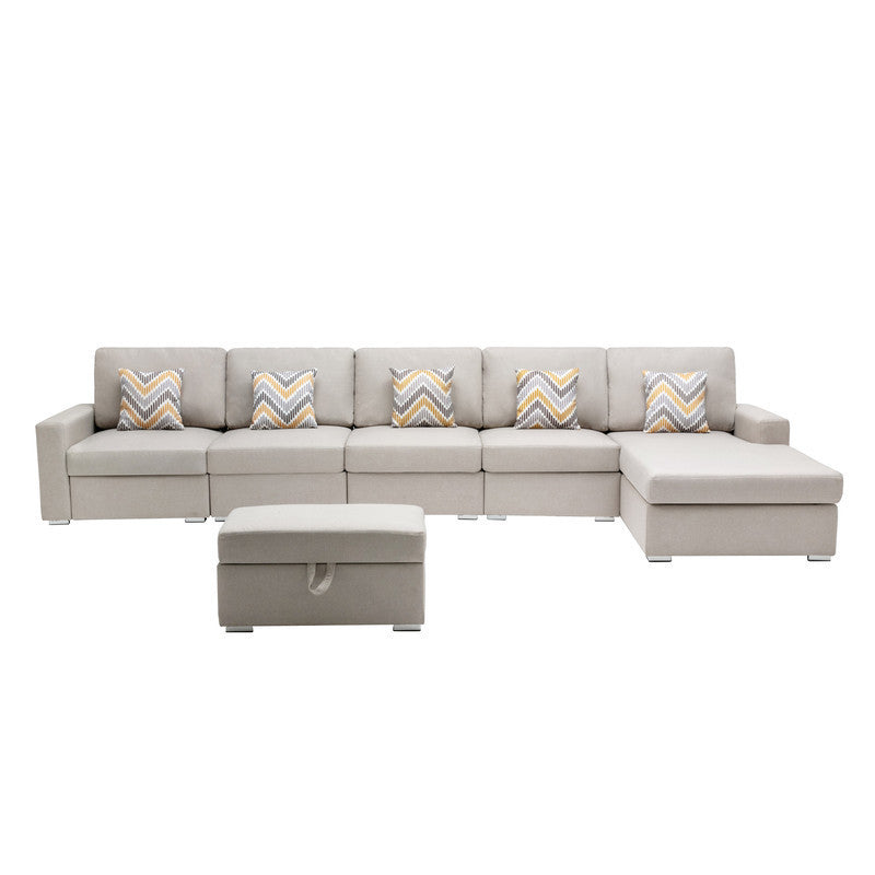 Nolan Beige Linen Fabric 6Pc Reversible Sectional Sofa Chaise with Interchangeable Legs, Pillows and Storage Ottoman - Home Elegance USA