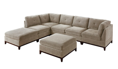 Camel Chenille Fabric Modular Sectional 7pc Set Living Room Furniture L - Sectional Couch 2x Corner Wedge 3x Armless Chairs and 2x Ottomans Tufted Back Exposed Wooden Base | Home Elegance USA