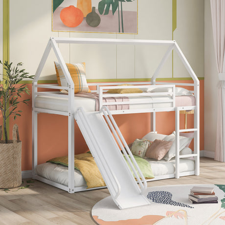 Twin over Twin House Bunk Bed with Ladder and Slide,White - Home Elegance USA