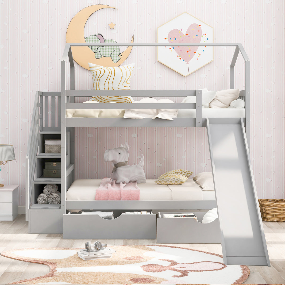 Twin over Twin House Bunk Bed with Two Drawers and Slide,Storage Staircase,Gray - Home Elegance USA