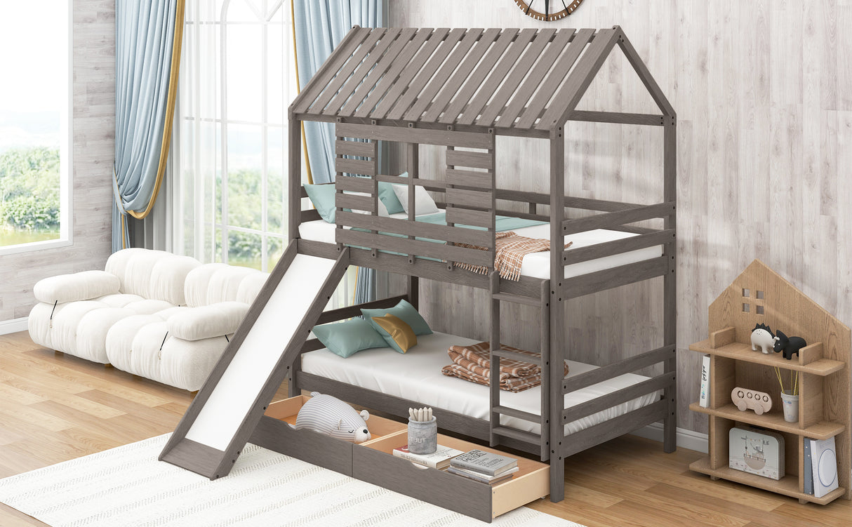 Twin over Twin Size House Bunk Bed with Convertible Slide and Two Drawers,Antique Gray - Home Elegance USA