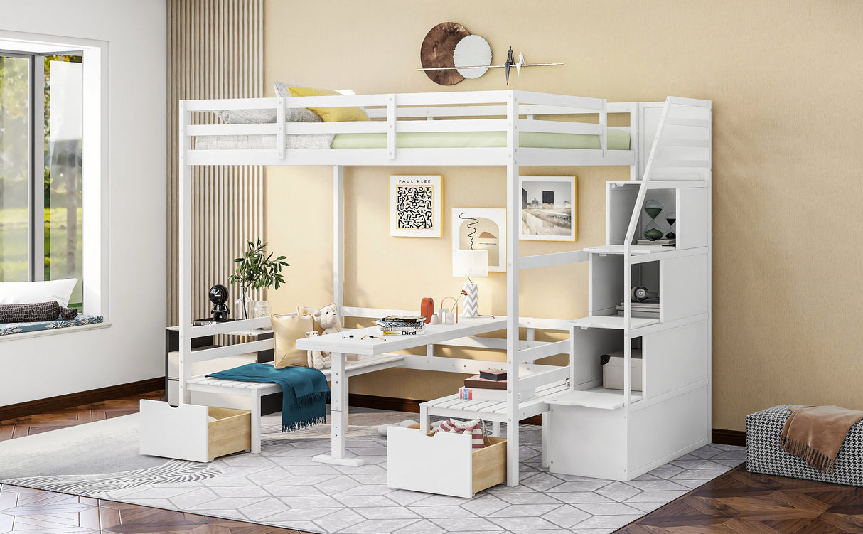 Full over Full Size Bunk Bed with staircase,the Down Bed can be Convertible to Seats and Table Set,White - Home Elegance USA